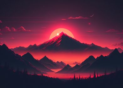 Sunset Mountian Red Moon 