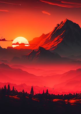 Sunset Mountian Red Moon 