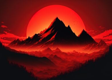 Sunset Mountian Red Moon 