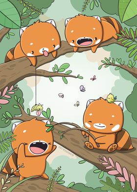 Cute red pandas in tree