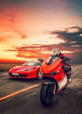 Red Motorcycle And Car