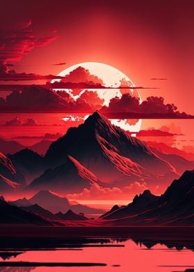 Sunset Mountian Red Moon 