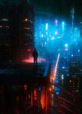 Man Overlooks A Neon City