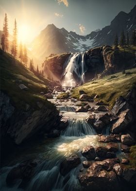 Waterfall At Sunset