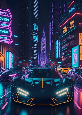 Dark Neon City Sports Car