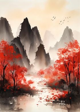 Watercolor Red Trees