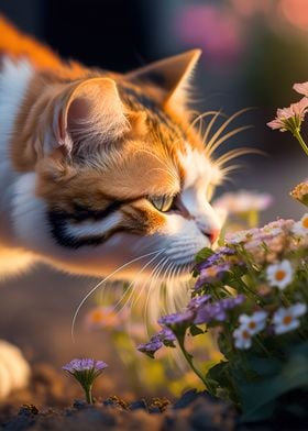 Cat smelling flowers