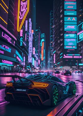 Dark Neon City Sports Car