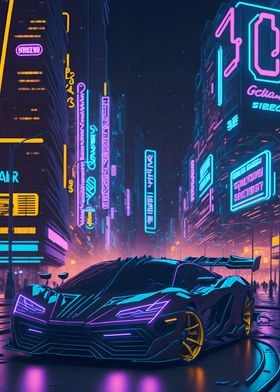 Dark Neon City Sports Car