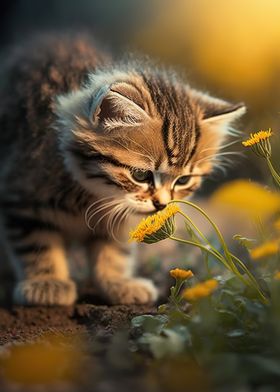 Cat smelling flowers