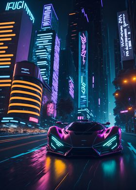 Dark Neon City Sports Car