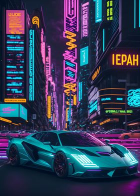 Dark Neon City Sports Car