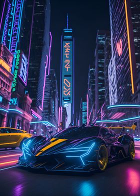 Dark Neon City Sports Car