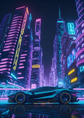 Dark Neon City Sports Car