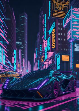 Dark Neon City Sports Car