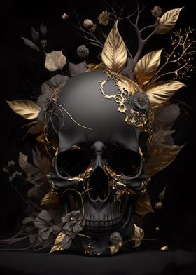 Black Skull Golden Flowers