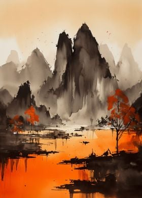 Watercolor Orange Mountain