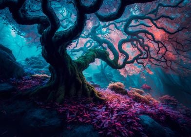 Mystical forest with fog