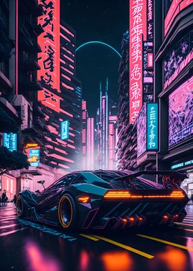 Dark Neon City Sports Car