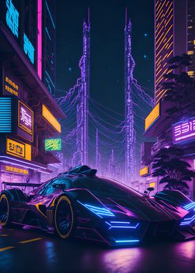 Dark Neon City Sports Car