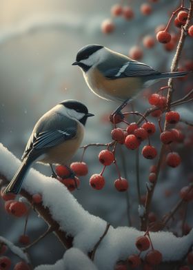 Finches Red Berry Snow