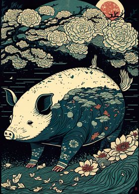 Pig Ukiyo e Japan China