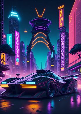 Dark Neon City Sports Car