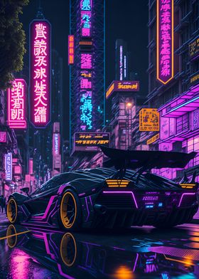 Dark Neon City Sports Car