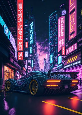 Dark Neon City Sports Car