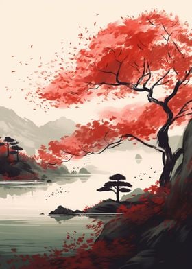 Japan cherry tree and lake