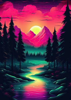 Vaporwave Forest Landscape