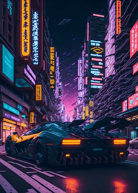 Dark Neon City Sports Car