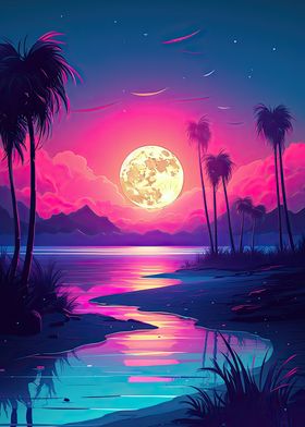 Moon Beach Vaporwave Art