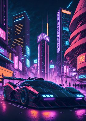 Dark Neon City Sports Car