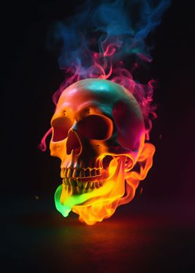 A burning neon skull