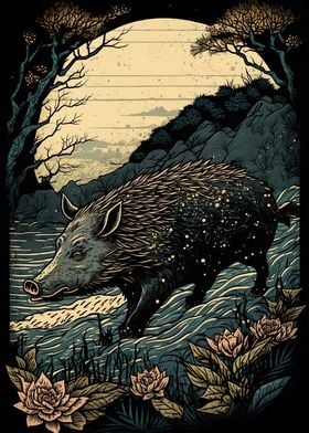 Wild boar Ukiyo e Japan