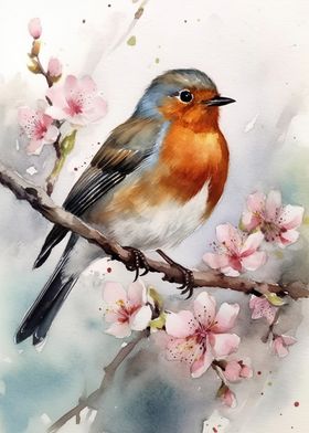 Robin Bird On Cherry Tree