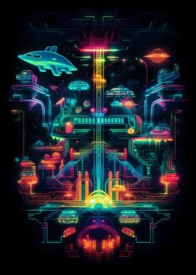 Futuristic Neon City Art