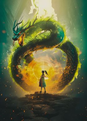 Green dragon and girl