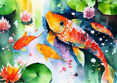 Koi fish Pond Watercolor