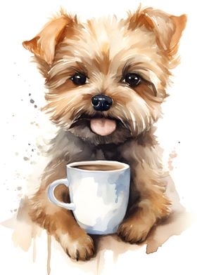 Watercolor dog with coffee