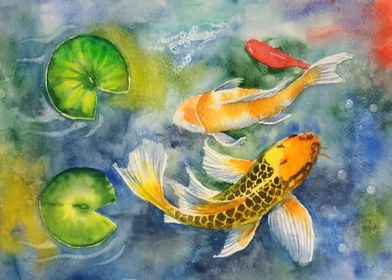 Painting Koi fishes Pond