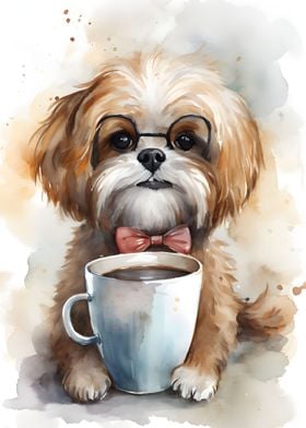 dog with glasses coffee