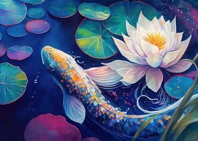 Koi Fish Watercolor Pond