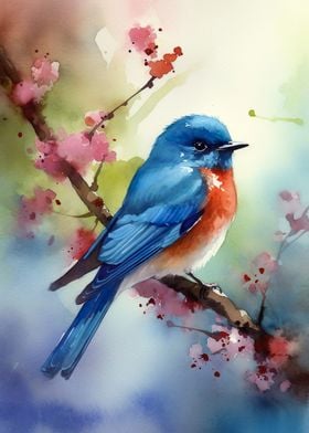 Blue Bird On Cherry Tree