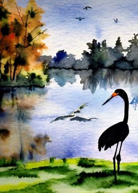 A crane by the lake