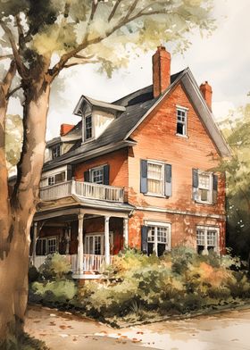 Watercolor Wood House Art