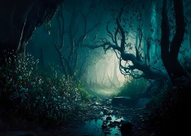 Mystical forest with fog