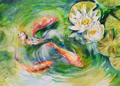 Watercolor Pond koi fishes