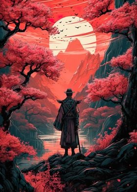 samurai in sunset painting